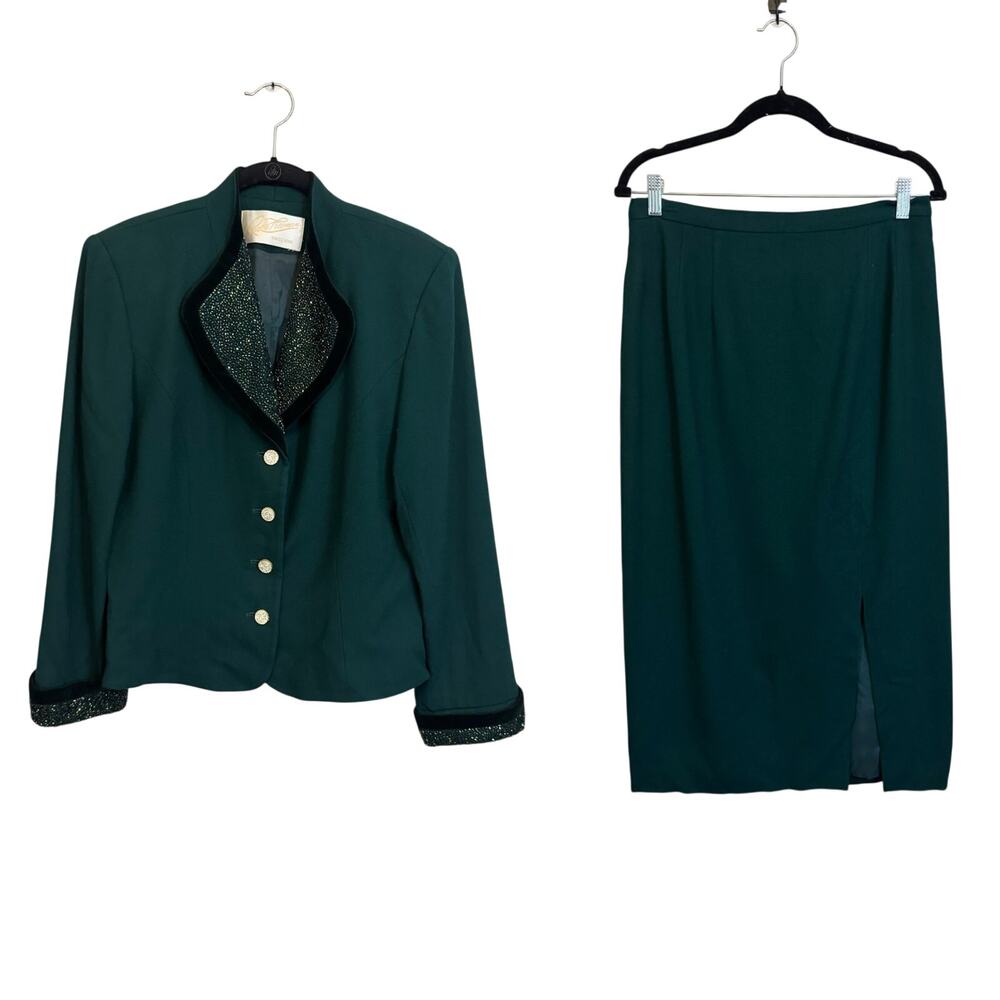 Rickie Freeman Wool Skirt Suit 12 Green Office Career Professional Business Work